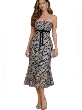 Sam Edelman Embroidered Strapless Belted Formal Evening Dress Gown Black Gold 8